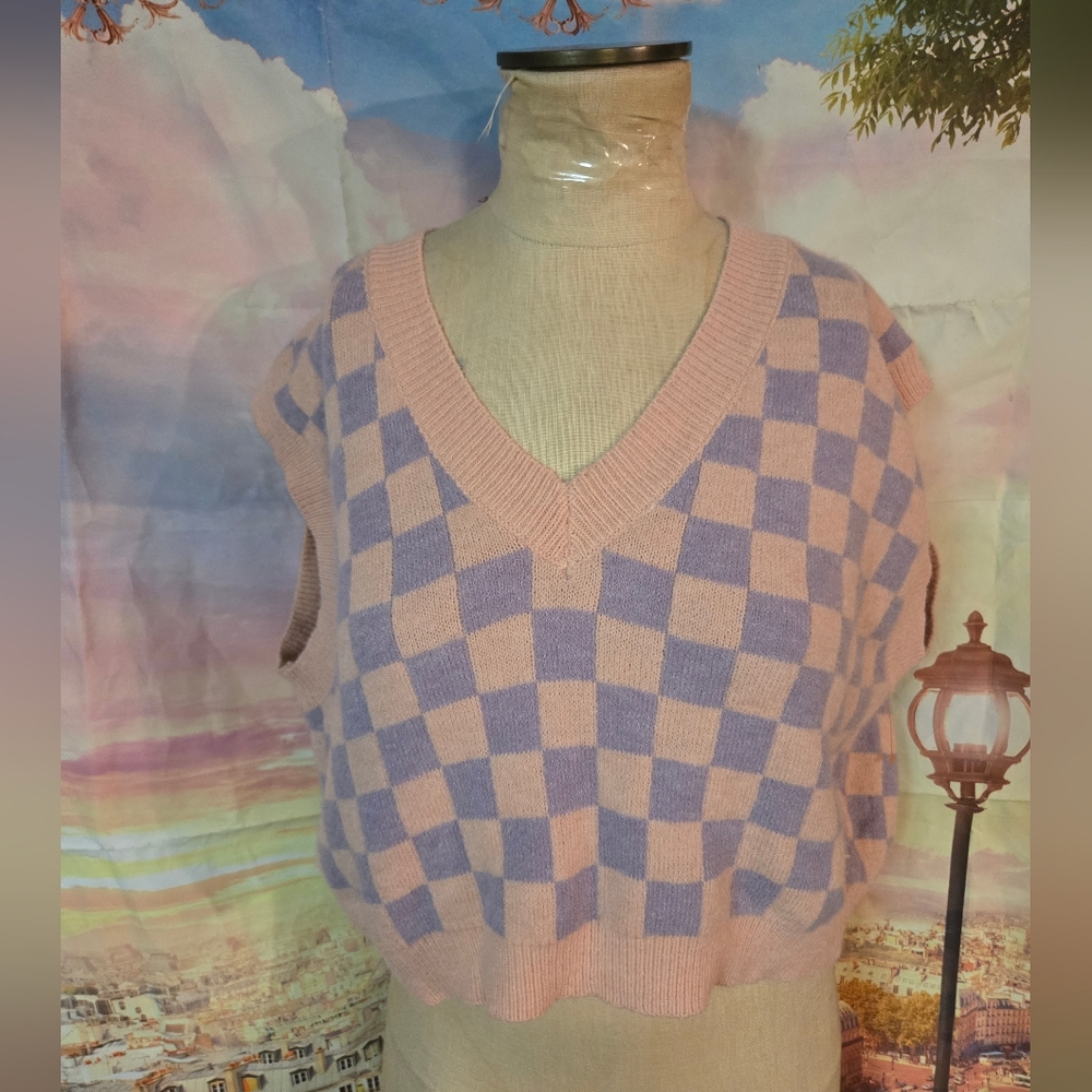Purple and Pink Checkered Cropped Sweater